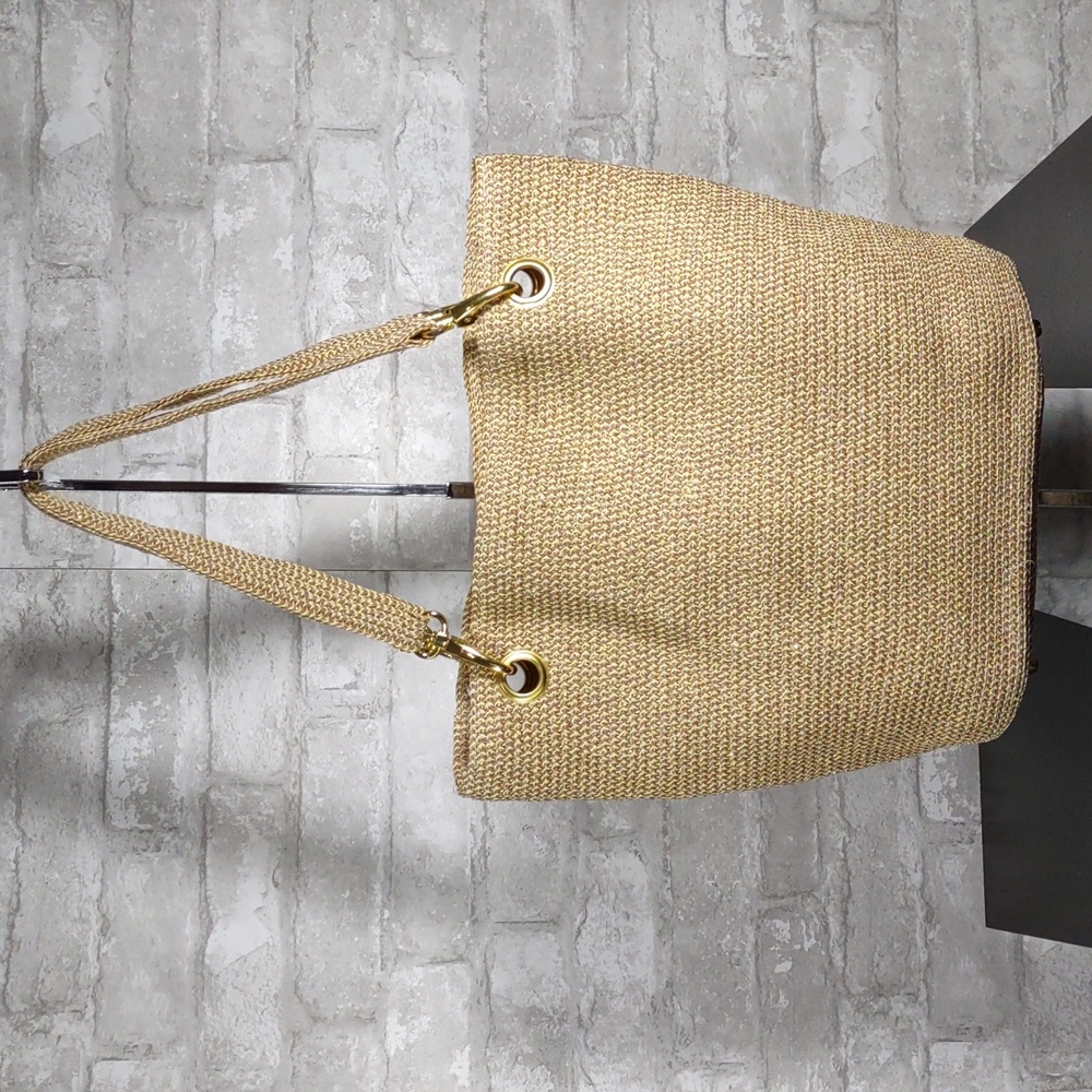 Woven Straw Tote Bag w/Gold Lurex Highlights